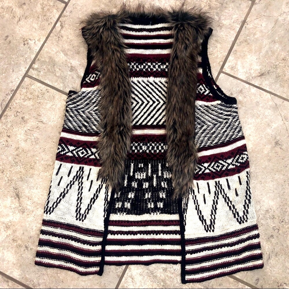 Aztec Sweater Vest with Faux Fur Collar Accent